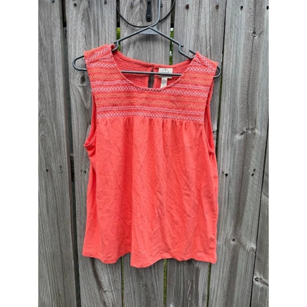 Boho Smocked Embroidered St Johns Bay Tank Top Womens L Coral